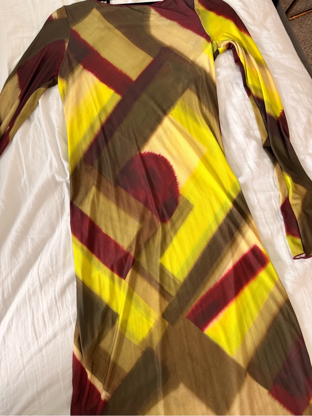 Abstract Print Long Sleeve Bodycon Dress in Yellow, Brown & Burgundy